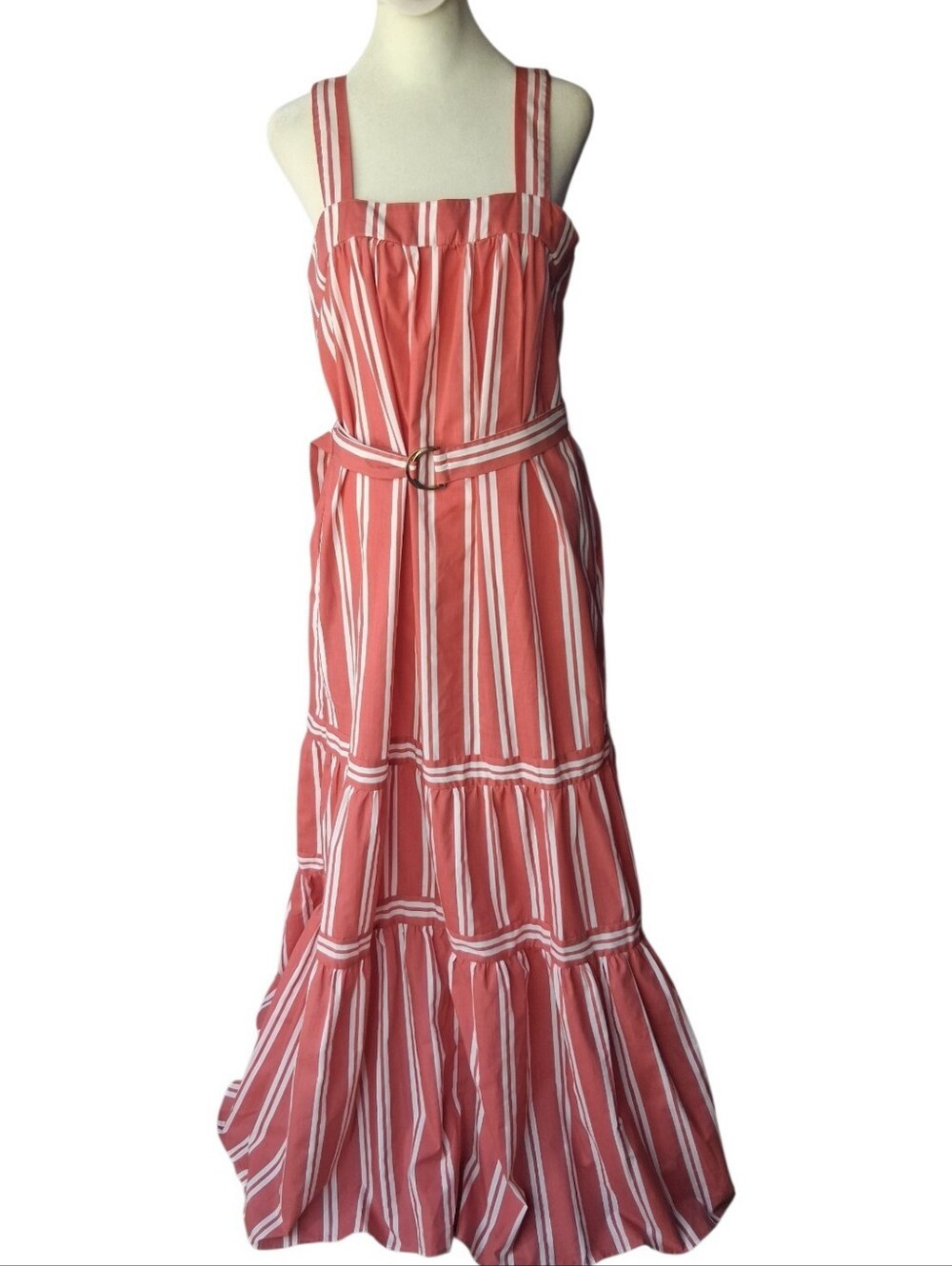 Elan Tiered Maxi Dress Coral Stripe XL